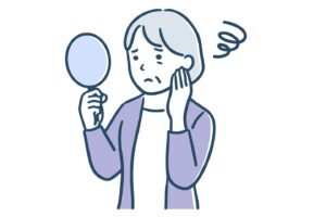 鏡を見るシニア女性イラスト｜50代の乾燥肌が改善しにくい理由｜年齢だけが原因ではない？ class=