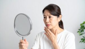 鏡を見る女性｜50代の乾燥肌が改善しにくい理由｜年齢だけが原因ではない？